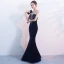 Elegant Navy Blue Evening Dresses  2017 Trumpet / Mermaid Scoop Neck Sleeveless Beading Tassel Floor-Length / Long Backless Pierced Formal Dresses