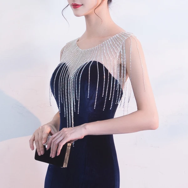 Elegant Navy Blue Evening Dresses 2017 Trumpet / Mermaid Scoop Neck Sleeveless Beading Tassel Floor-Length / Long Backless Pierced Formal Dresses