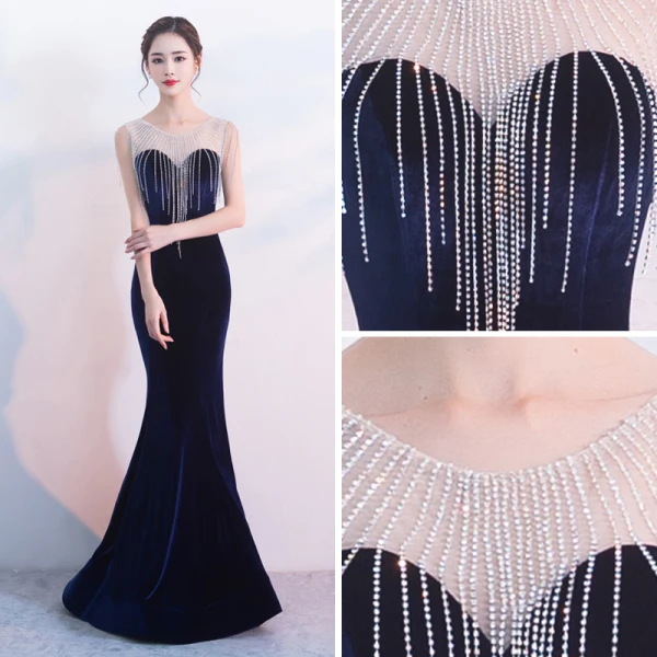 Elegant Navy Blue Evening Dresses 2017 Trumpet / Mermaid Scoop Neck Sleeveless Beading Tassel Floor-Length / Long Backless Pierced Formal Dresses