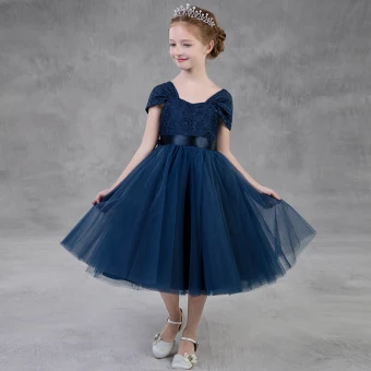 Modest Simple Navy Blue Flower Girl Dresses 2018 A Line Princess Square Neckline Cap Sleeves Bow Sash Backless Tea Length Ruffle Wedding Party Dresses