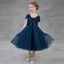 Modest / Simple Navy Blue Flower Girl Dresses 2018 A-Line / Princess Square Neckline Cap Sleeves Bow Sash Backless Tea-length Ruffle Wedding Party Dresses
