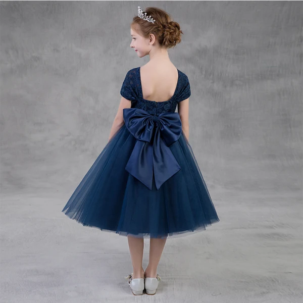 Modest / Simple Navy Blue Flower Girl Dresses 2018 A-Line / Princess Square Neckline Cap Sleeves Bow Sash Backless Tea-length Ruffle Wedding Party Dresses