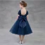 Modest / Simple Navy Blue Flower Girl Dresses 2018 A-Line / Princess Square Neckline Cap Sleeves Bow Sash Backless Tea-length Ruffle Wedding Party Dresses