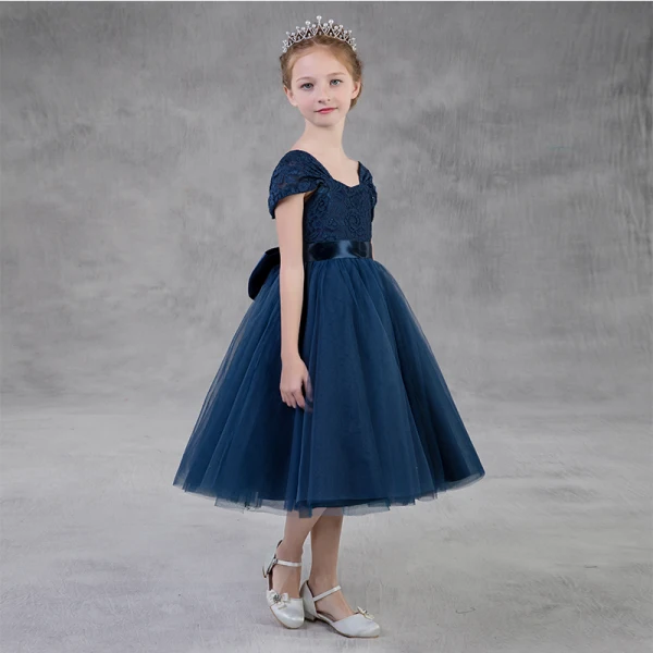 Modest / Simple Navy Blue Flower Girl Dresses 2018 A-Line / Princess Square Neckline Cap Sleeves Bow Sash Backless Tea-length Ruffle Wedding Party Dresses