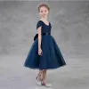 Modest / Simple Navy Blue Flower Girl Dresses 2018 A-Line / Princess Square Neckline Cap Sleeves Bow Sash Backless Tea-length Ruffle Wedding Party Dresses