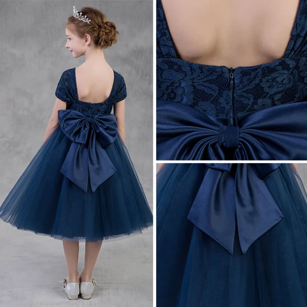 Modest / Simple Navy Blue Flower Girl Dresses 2018 A-Line / Princess Square Neckline Cap Sleeves Bow Sash Backless Tea-length Ruffle Wedding Party Dresses