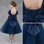 Modest / Simple Navy Blue Flower Girl Dresses 2018 A-Line / Princess Square Neckline Cap Sleeves Bow Sash Backless Tea-length Ruffle Wedding Party Dresses