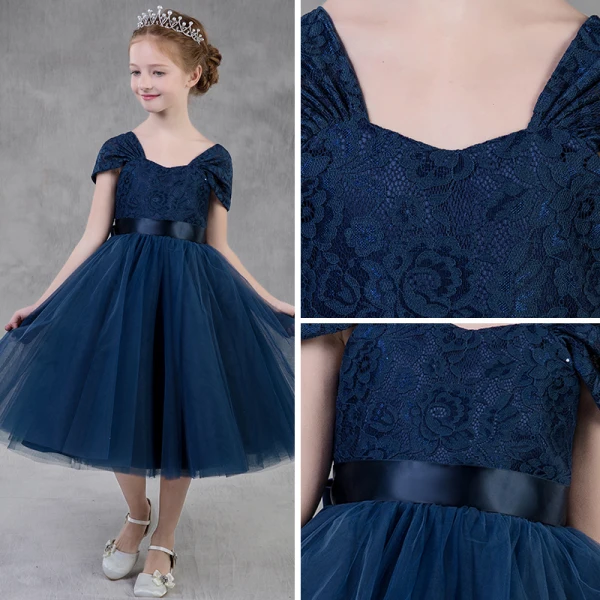Modest / Simple Navy Blue Flower Girl Dresses 2018 A-Line / Princess Square Neckline Cap Sleeves Bow Sash Backless Tea-length Ruffle Wedding Party Dresses