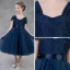 Modest / Simple Navy Blue Flower Girl Dresses 2018 A-Line / Princess Square Neckline Cap Sleeves Bow Sash Backless Tea-length Ruffle Wedding Party Dresses