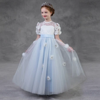 Chic Beautiful Sky Blue Pierced Flower Girl Dresses 2018 A Line Princess Scoop Neck Short Sleeve Appliques Artificial Flowers Pearl Sash Floor Length Long Ruffle Backless Wedding Party Dresses