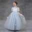 Chic / Beautiful Sky Blue Pierced Flower Girl Dresses 2018 A-Line / Princess Scoop Neck Short Sleeve Appliques Artificial Flowers Pearl Sash Floor-Length / Long Ruffle Backless Wedding Party Dresses