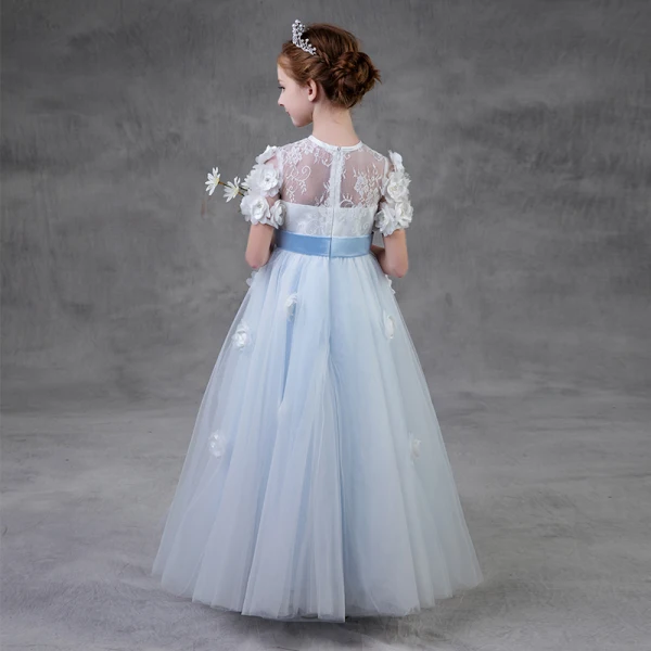 Chic / Beautiful Sky Blue Pierced Flower Girl Dresses 2018 A-Line / Princess Scoop Neck Short Sleeve Appliques Artificial Flowers Pearl Sash Floor-Length / Long Ruffle Backless Wedding Party Dresses