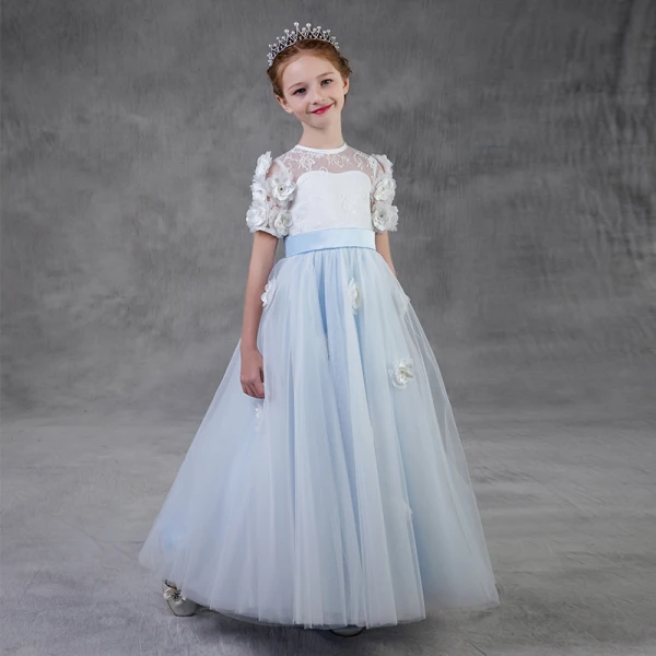 Chic / Beautiful Sky Blue Pierced Flower Girl Dresses 2018 A-Line / Princess Scoop Neck Short Sleeve Appliques Artificial Flowers Pearl Sash Floor-Length / Long Ruffle Backless Wedding Party Dresses