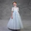 Chic / Beautiful Sky Blue Pierced Flower Girl Dresses 2018 A-Line / Princess Scoop Neck Short Sleeve Appliques Artificial Flowers Pearl Sash Floor-Length / Long Ruffle Backless Wedding Party Dresses