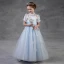 Chic / Beautiful Sky Blue Pierced Flower Girl Dresses 2018 A-Line / Princess Scoop Neck Short Sleeve Appliques Artificial Flowers Pearl Sash Floor-Length / Long Ruffle Backless Wedding Party Dresses