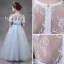 Chic / Beautiful Sky Blue Pierced Flower Girl Dresses 2018 A-Line / Princess Scoop Neck Short Sleeve Appliques Artificial Flowers Pearl Sash Floor-Length / Long Ruffle Backless Wedding Party Dresses