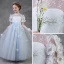 Chic / Beautiful Sky Blue Pierced Flower Girl Dresses 2018 A-Line / Princess Scoop Neck Short Sleeve Appliques Artificial Flowers Pearl Sash Floor-Length / Long Ruffle Backless Wedding Party Dresses