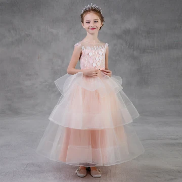 Chic Belle Perle Rose Robe Ceremonie Fille 2018 Princesse Encolure Dégagée Sans Manches Appliques Fleur Perle Perlage Noeud Ceinture Longue Dos Nu Volants En Cascade Robe Pour Mariage