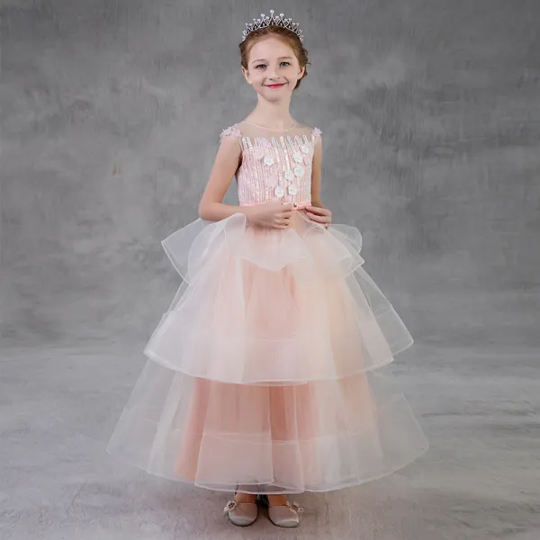 Chic Beautiful Pearl Pink Flower Girl Dresses 2018 A Line Princess Scoop Neck Sleeveless Appliques Flower