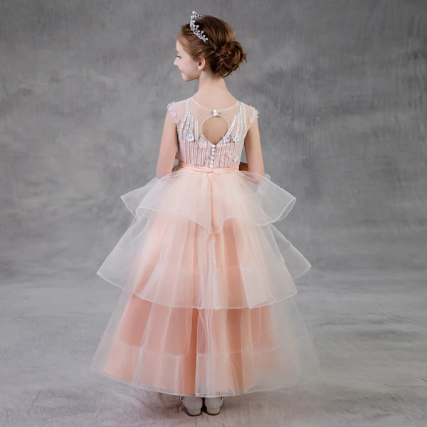 Chic / Beautiful Pearl Pink Flower Girl Dresses 2018 A-Line / Princess Scoop Neck Sleeveless Appliques Flower Pearl Beading Bow Sash Floor-Length / Long Backless Cascading Ruffles Wedding Party Dresses
