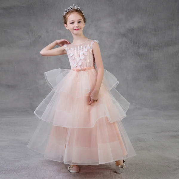 Chic / Beautiful Pearl Pink Flower Girl Dresses 2018 A-Line / Princess Scoop Neck Sleeveless Appliques Flower Pearl Beading Bow Sash Floor-Length / Long Backless Cascading Ruffles Wedding Party Dresses