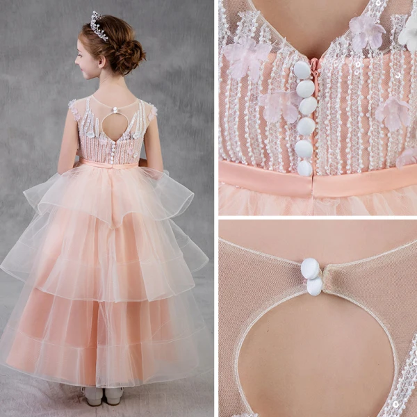 Chic / Beautiful Pearl Pink Flower Girl Dresses 2018 A-Line / Princess Scoop Neck Sleeveless Appliques Flower Pearl Beading Bow Sash Floor-Length / Long Backless Cascading Ruffles Wedding Party Dresses