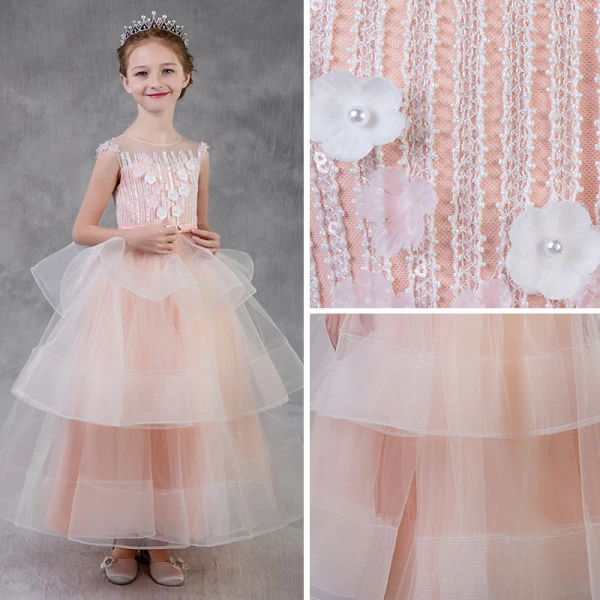 Chic / Beautiful Pearl Pink Flower Girl Dresses 2018 A-Line / Princess Scoop Neck Sleeveless Appliques Flower Pearl Beading Bow Sash Floor-Length / Long Backless Cascading Ruffles Wedding Party Dresses