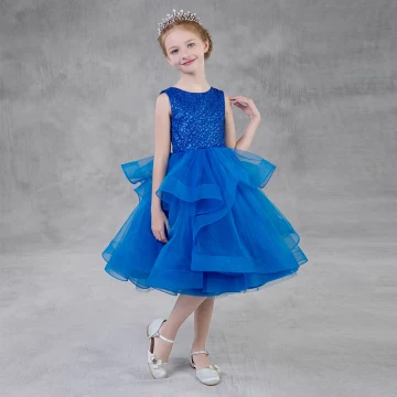 Simple Bleu Roi Glitter Robe Ceremonie Fille 2018 Princesse Encolure Dégagée Sans Manches Thé Longueur Volants En Cascade Gonflée Robe Pour Mariage