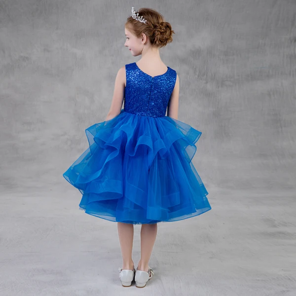Modest / Simple Royal Blue Glitter Flower Girl Dresses 2018 A-Line / Princess Scoop Neck Sleeveless Tea-length Cascading Ruffles Puffy Wedding Party Dresses