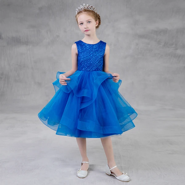 Modest / Simple Royal Blue Glitter Flower Girl Dresses 2018 A-Line / Princess Scoop Neck Sleeveless Tea-length Cascading Ruffles Puffy Wedding Party Dresses