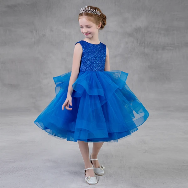 Modest / Simple Royal Blue Glitter Flower Girl Dresses 2018 A-Line / Princess Scoop Neck Sleeveless Tea- Modest / Simple Royal Blue Glitter Flower Girl Dresses 2018 A-Line / Princess Scoop Neck Sleeveless Tea-