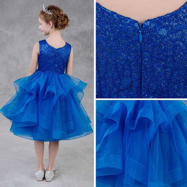 Modest / Simple Royal Blue Glitter Flower Girl Dresses 2018 A-Line / Princess Scoop Neck Sleeveless Tea-length Cascading Ruffles Puffy Wedding Party Dresses