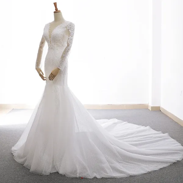 Illusion Ivory Wedding Dresses 2018 Trumpet / Mermaid V-Neck Pierced Long Sleeve Backless ...