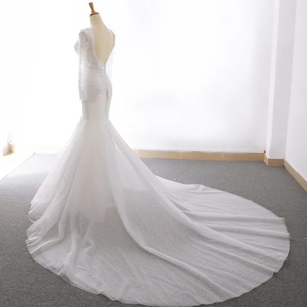 Illusion Ivory Wedding Dresses 2018 Trumpet / Mermaid V-Neck Pierced ...
