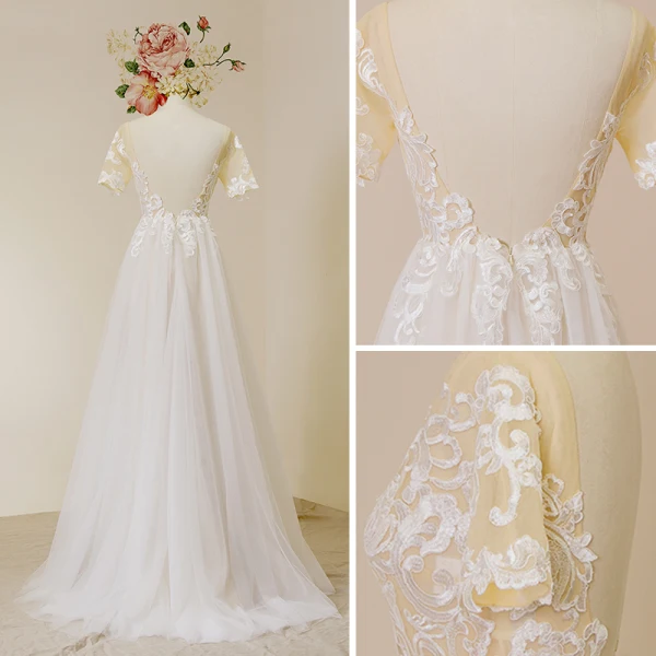 Affordable Ivory Wedding Dresses 2018 A-Line / Princess V-Neck Short Sleeve Backless Appliques Lace Floor-Length / Long Ruffle