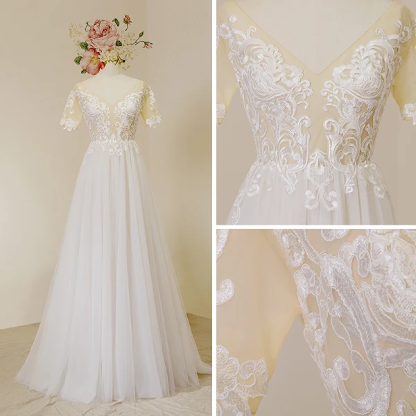 Affordable Ivory Wedding Dresses 2018 A-Line / Princess V-Neck Short Sleeve Backless Appliques Lace Floor-Length / Long Ruffle