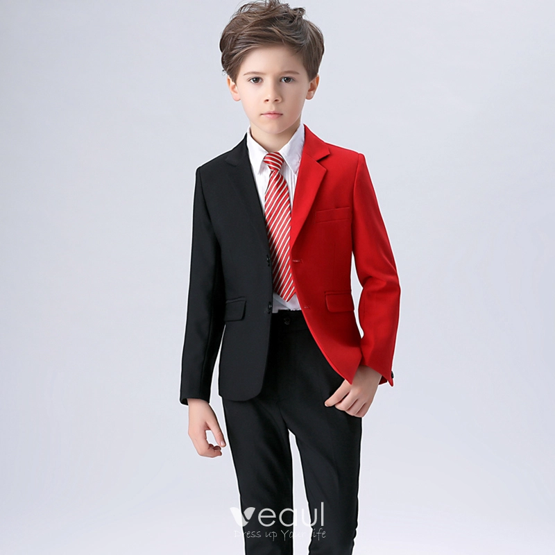 Amazing Unique Striped Tie Black Red Boys Wedding Suits 2018