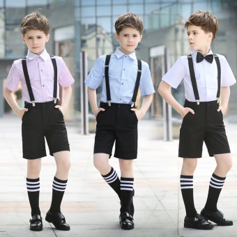 Enkel Korte Ermer Skjorte Svart Slips Sommer Boys Wedding Suits 2018