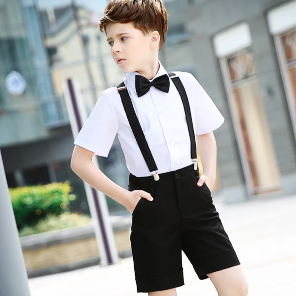 Modest / Simple Short Sleeve Shirt Black Tie Summer Boys Wedding Suits 2018