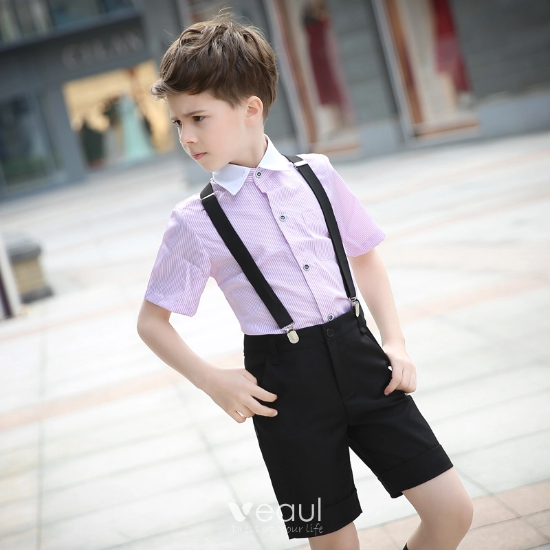 Modest Simple Short Sleeve Shirt Black Tie Summer Boys Wedding Suits 2018