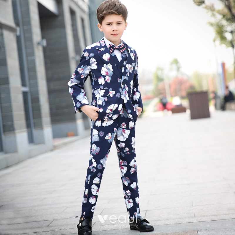 Colored Printing Navy Blue Boys Wedding Suits 2018