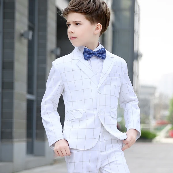Modest / Simple Spotted Tie White Checked Boys Wedding Suits 2018