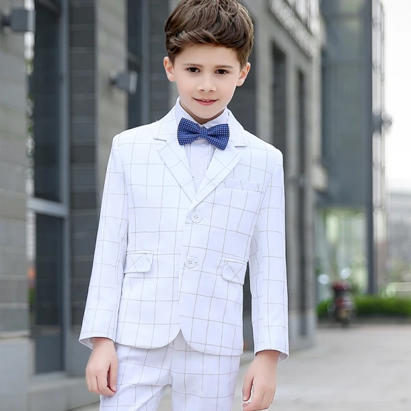 Modest / Simple Spotted Tie White Checked Boys Wedding Suits 2018