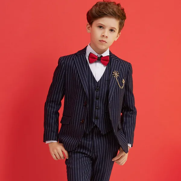 Modest / Simple Red Tie Black Striped Boys Wedding Suits 2018