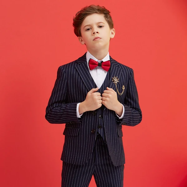 Modest / Simple Red Tie Black Striped Boys Wedding Suits 2018