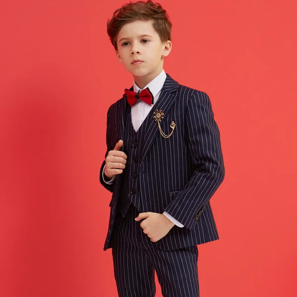 Modest / Simple Red Tie Black Striped Boys Wedding Suits 2018