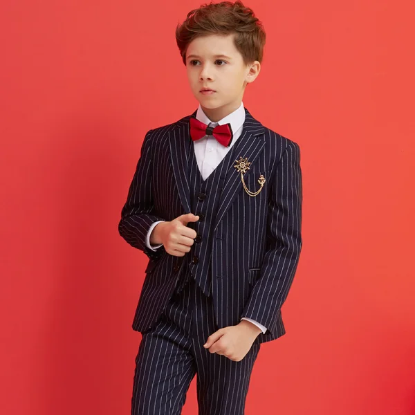 Modest / Simple Red Tie Black Striped Boys Wedding Suits 2018