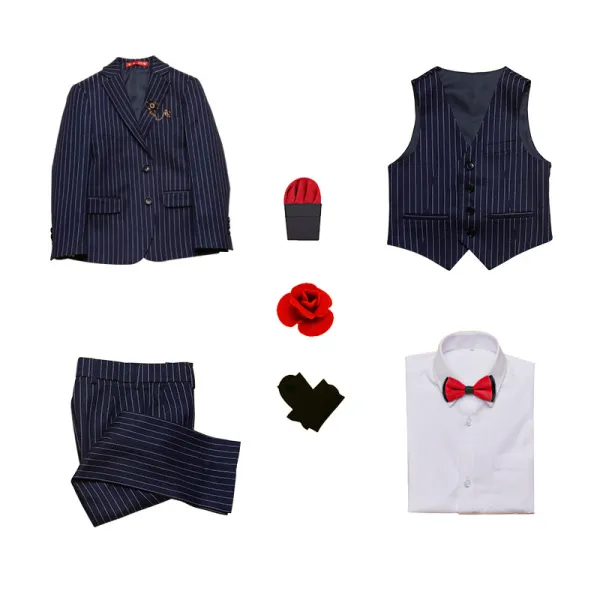 Modest / Simple Red Tie Black Striped Boys Wedding Suits 2018