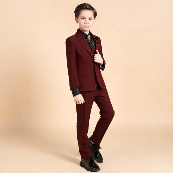 Luxury / Gorgeous Burgundy Boys Wedding Suits Rhinestone Tie Body Jewellery 2018