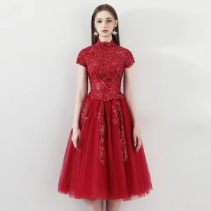 Bling Bling Red Homecoming Graduation Dresses 2018 A Line Princess High Neck Short Sleeve Appliques Lace Glitter Sequins Tea Length Ruffle Backless Formal Dresses